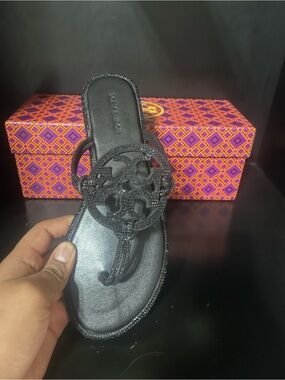 Tory Burch Black Embellished Miller Logo Thong Sandal
